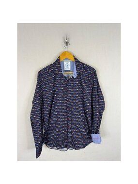 A Fish Named Fred Scooter Print Navy Button Down Shirt Mens Medium Slim Fit